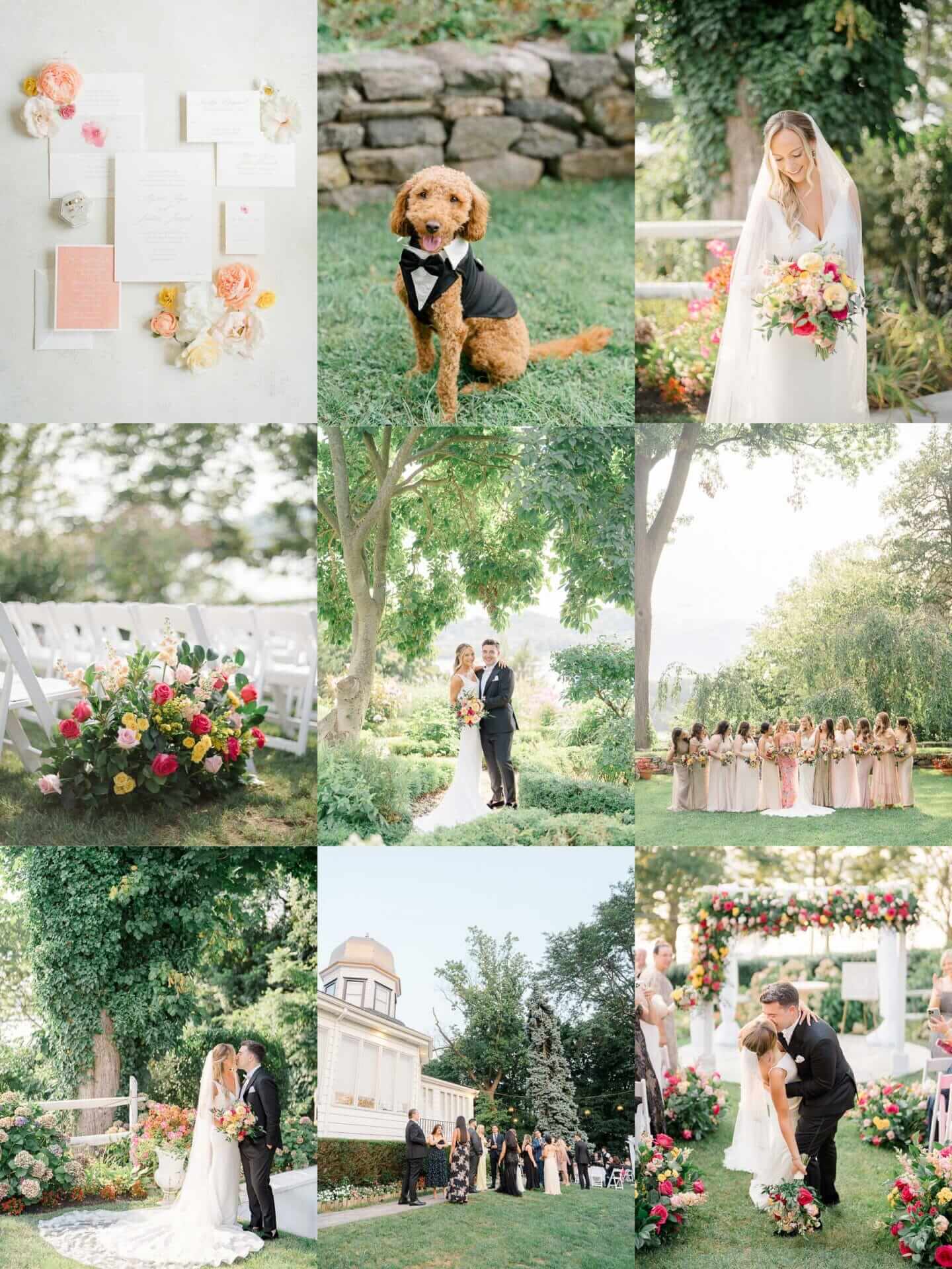 photo-grid-sea-cliff-manor-wedding-july A collage of a wedding.