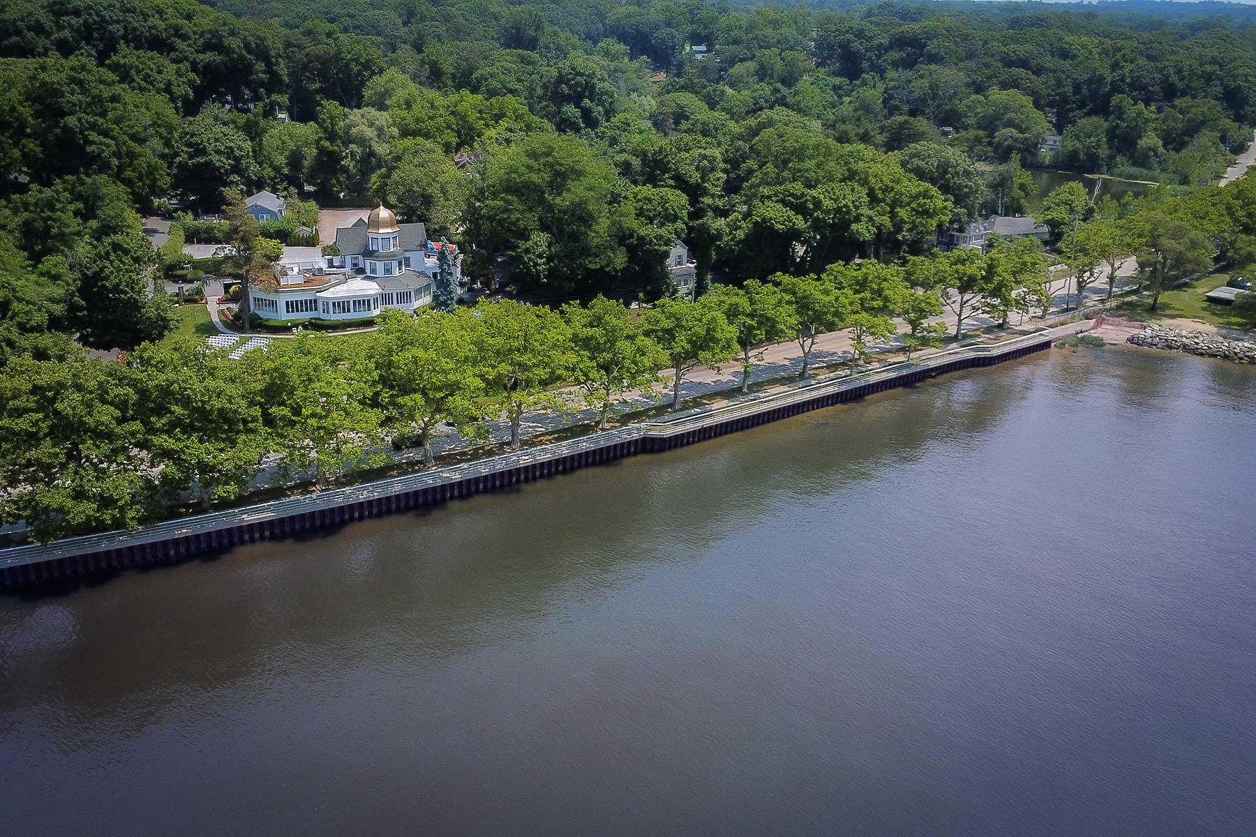 A body of water with trees and houses.