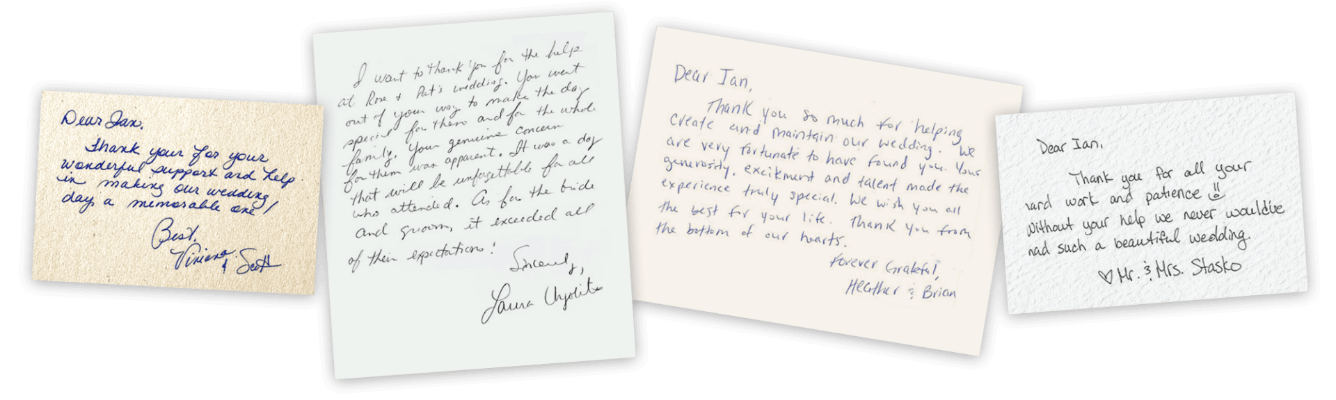 testimonials-row Four handwritten thank you notes on different types of paper, each expressing gratitude for support, help, or appreciation.